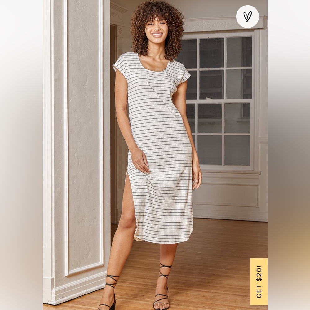 Lulu’s Follow Your Path White Striped Ribbed Short Sleeve Midi Dress